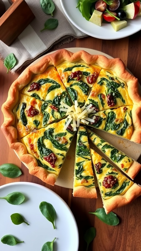 A golden-brown spinach quiche with a flaky crust, sliced to show the creamy filling, surrounded by fresh spinach leaves on a rustic table.